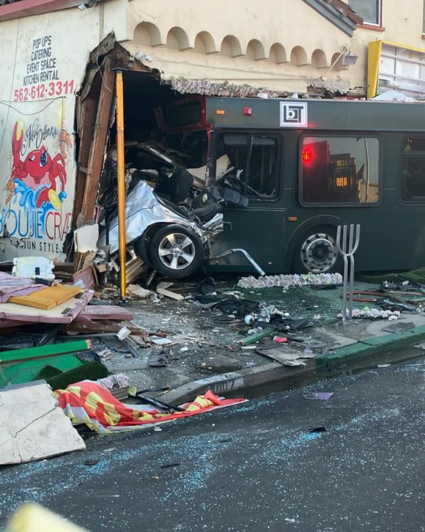 Video: 14 injured when bus, car crash into Calif. restaurant